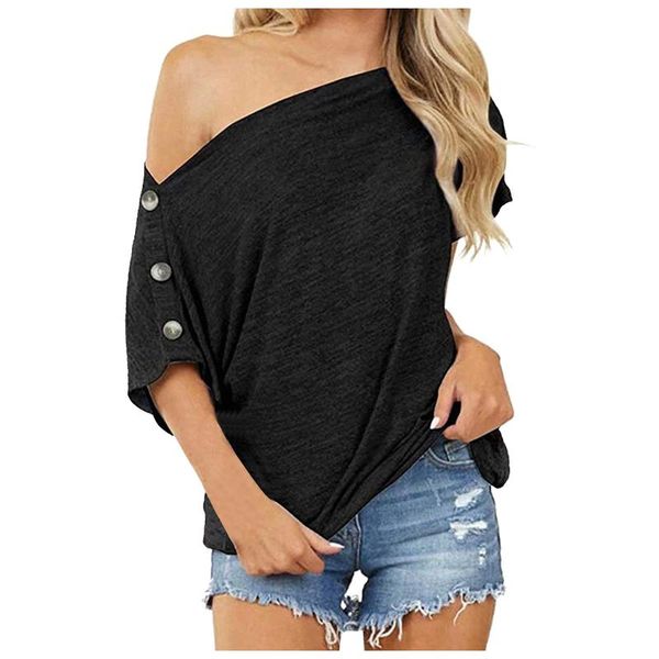 35# fashion t shirt women solid color off the shoulder woman tshirts button short sleeve ladies bottom mujer camisetas, White
35# fashion t shirt women solid color off the shoulder woman tshirts button short sleeve ladies bottom mujer camisetas, White