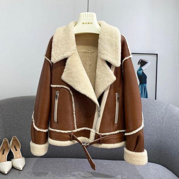women's fur & faux coat women short motorcycle jacket 2021 winter imported lamb leather, Black
women's fur & faux coat women short motorcycle jacket 2021 winter imported lamb leather, Black