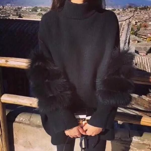 fluffy women sweater oversized turtle neck fur sleeve black white autumn winter knited pullover femme pull back zipper dw699, White;black
fluffy women sweater oversized turtle neck fur sleeve black white autumn winter knited pullover femme pull back zipper dw699, White;black