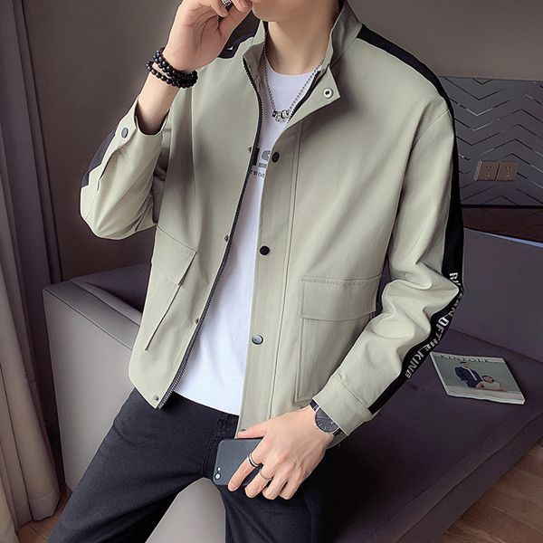 spring and autumn new coat men's micro drop shoulder stand collar splicing jacket letter embroidery slim fit korean top, Black;brown 
spring and autumn new coat men's micro drop shoulder stand collar splicing jacket letter embroidery slim fit korean top, Black;brown