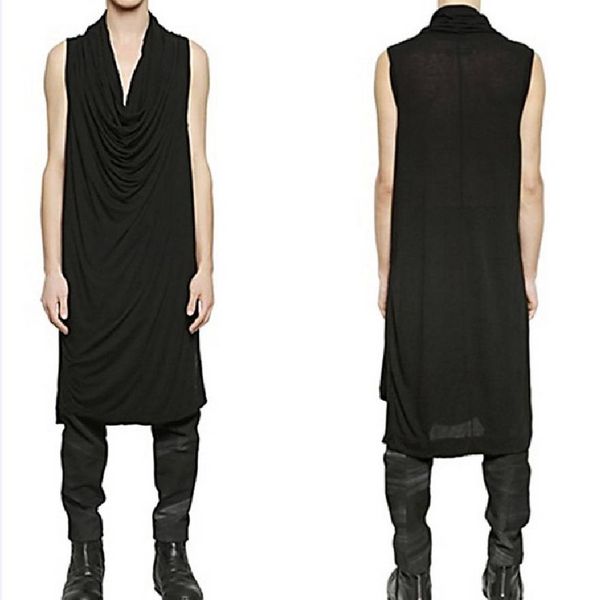 summer personality japanese and korean trendy men's sleeveless t-shirt super long bottomed shirt with stacked collar and irregular side, White;black
summer personality japanese and korean trendy men's sleeveless t-shirt super long bottomed shirt with stacked collar and irregular side, White;black