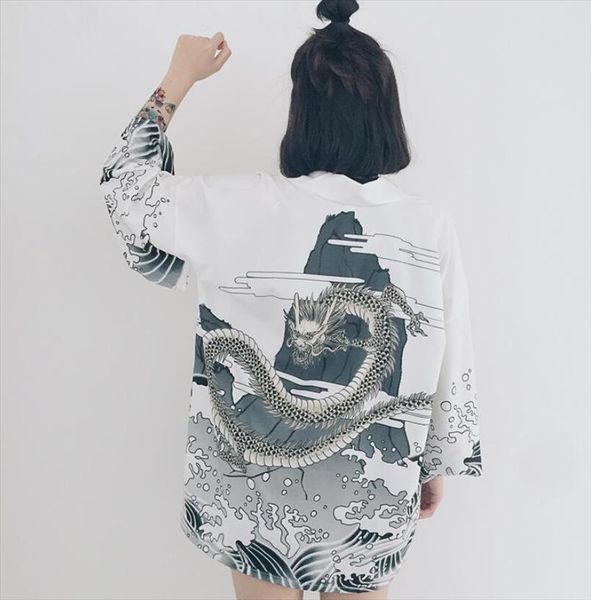 japanese style waves and wind dragon kimono print chiffon cardigan summer sun shirt drop shipping good quality, White