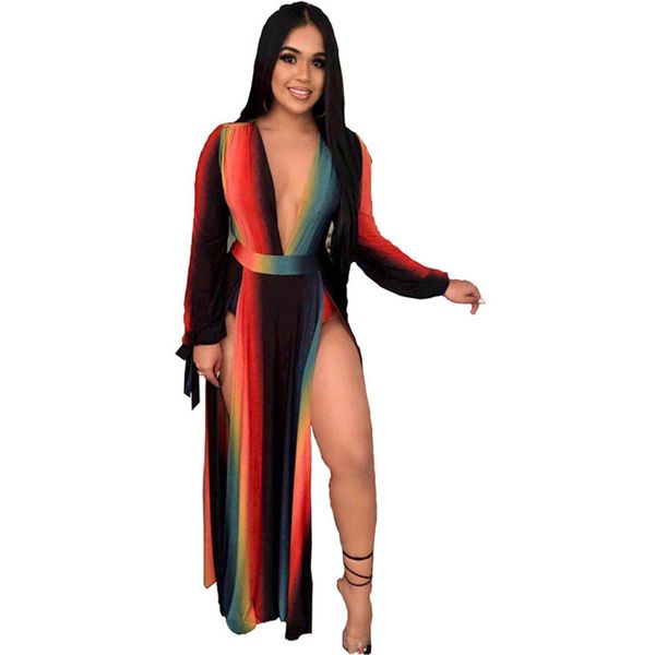 2019 new tie dye digital print stripe v-neck mid waist long sleeve split dress, Black;gray
2019 new tie dye digital print stripe v-neck mid waist long sleeve split dress, Black;gray
