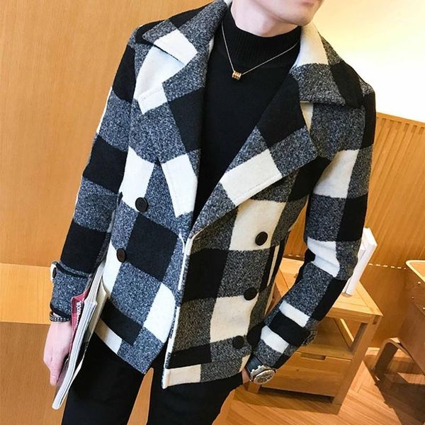 men's wool & blends fashion plaid double breasted mens woolen short coats korean autumn long sleeve lapel slim male outerwear jackets p, Black
men's wool & blends fashion plaid double breasted mens woolen short coats korean autumn long sleeve lapel slim male outerwear jackets p, Black