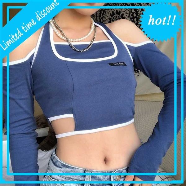 2021 women's autumn new solid color hanging neck shoulder long sleeve navel t-shirt, White
2021 women's autumn new solid color hanging neck shoulder long sleeve navel t-shirt, White