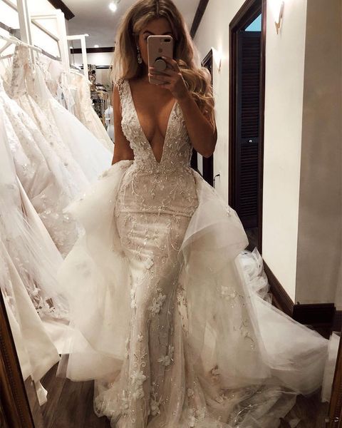 v neck mermaid wedding dresses with detachable train lace applique beads sweep train robe de mariee 2021 custom made wedding gowns, White
v neck mermaid wedding dresses with detachable train lace applique beads sweep train robe de mariee 2021 custom made wedding gowns, White