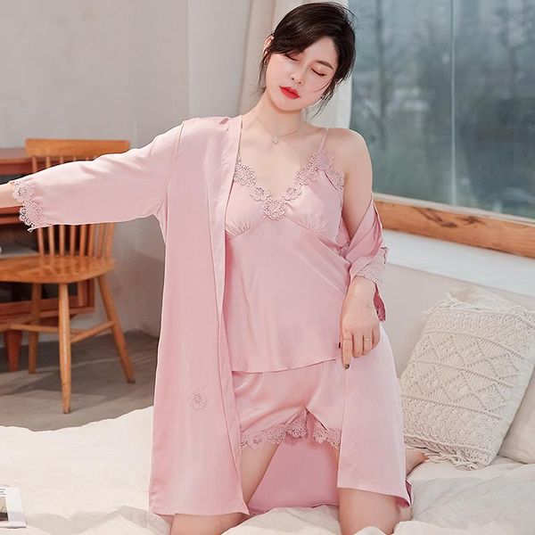pink lace flower trim 3pcs robe gown set backless faux silk long sleeve sleepwear spring summer casual female nightwear, Black;red
pink lace flower trim 3pcs robe gown set backless faux silk long sleeve sleepwear spring summer casual female nightwear, Black;red
