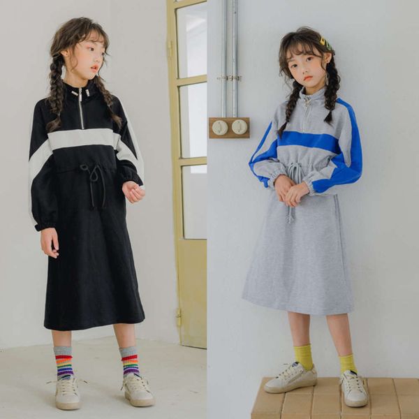girl's autumn 2020 middle school 19028 parents and children's casual color contrast stitching stand collar long sve drs, Red;yellow 
girl's autumn 2020 middle school 19028 parents and children's casual color contrast stitching stand collar long sve drs, Red;yellow