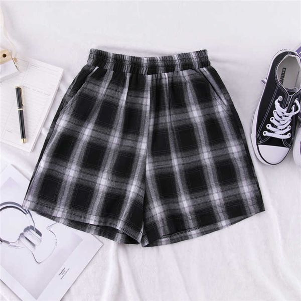 summer new women's harajuku plaid elastic waist loose casual shorts, White;black