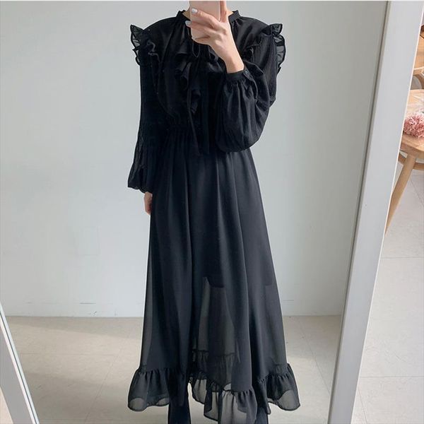 french retro chiffon ruffles chic gentle sweet female all match high street fashion vintage elegant long dresses, Black;gray
french retro chiffon ruffles chic gentle sweet female all match high street fashion vintage elegant long dresses, Black;gray