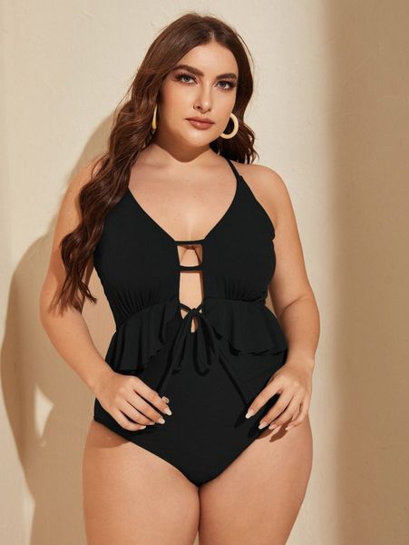plus ruffle trim tie front one piece swimsuit t62a#, Black
plus ruffle trim tie front one piece swimsuit t62a#, Black