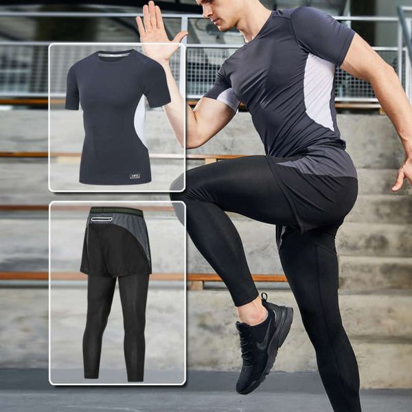 summer quick dry sports suit men's short sleeve t-shirt fitness basketball tights running fake two piece pants 9857, Gray
summer quick dry sports suit men's short sleeve t-shirt fitness basketball tights running fake two piece pants 9857, Gray