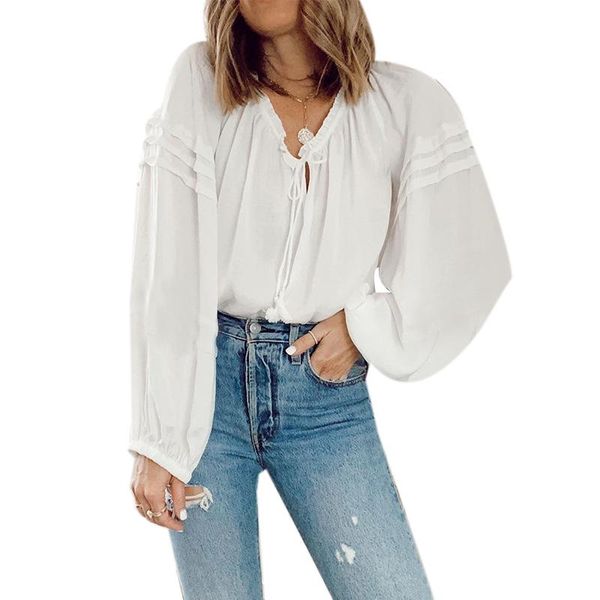 women long sleeve shirt female lantern sleeve blouse render unlined upper garment casual top, White
women long sleeve shirt female lantern sleeve blouse render unlined upper garment casual top, White