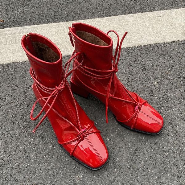 boots mkkhou fashion shortboot women 2021 winter stretch patent leather square toe cross lacing red boot, Black
boots mkkhou fashion shortboot women 2021 winter stretch patent leather square toe cross lacing red boot, Black