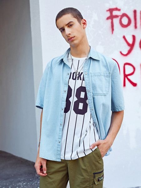 men pocket patched snap button up denim shirt d5mi#, Blue
men pocket patched snap button up denim shirt d5mi#, Blue