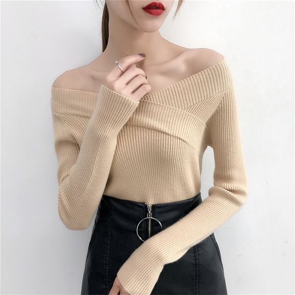 v neck twisted back sweater women jumpers autumn pullovers casual long sleeve knitted sweaters off shoulder pull femme 201222, White;black
v neck twisted back sweater women jumpers autumn pullovers casual long sleeve knitted sweaters off shoulder pull femme 201222, White;black