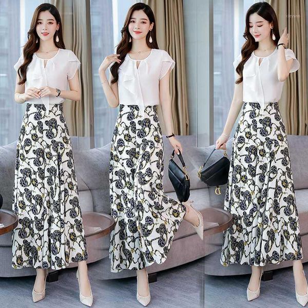 women two piece set 2020 summer lady short sleeve solid chiffon shirt blouse +flowers long wide leg pants trousers suits1, White 
women two piece set 2020 summer lady short sleeve solid chiffon shirt blouse +flowers long wide leg pants trousers suits1, White