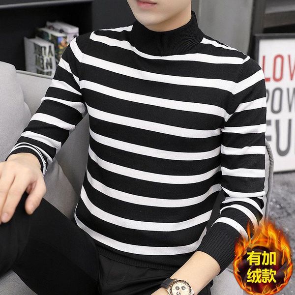 men's sweaters half high collar sweater t-shirt spring autumn plush thickened black and white stripe trend middle with undercoat, White;black
men's sweaters half high collar sweater t-shirt spring autumn plush thickened black and white stripe trend middle with undercoat, White;black