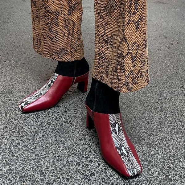 2020 new winter high heel shoes women's ankle boots genuine leather mixed color serpentine square head botas mujer1, Black
2020 new winter high heel shoes women's ankle boots genuine leather mixed color serpentine square head botas mujer1, Black