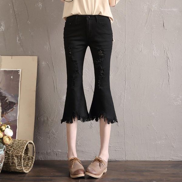 women's jeans women summer high stretch mid waist female denim capris pants casual ripped hole calf length flare pants1, Blue
women's jeans women summer high stretch mid waist female denim capris pants casual ripped hole calf length flare pants1, Blue