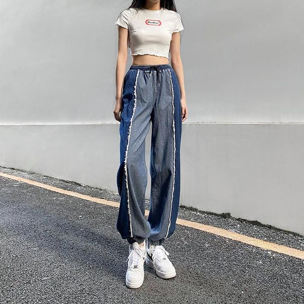 women's jeans women fashion street style high waist color matching cotton loose denim casual pants trousers, Blue
women's jeans women fashion street style high waist color matching cotton loose denim casual pants trousers, Blue