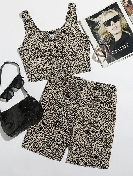leopard print tank & biker shorts set i3qb#, White