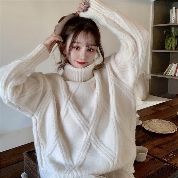 korean version of solid color turtleneck loose sweater women 2020 autumn and winter new thick warm ladies sweater, White;black
korean version of solid color turtleneck loose sweater women 2020 autumn and winter new thick warm ladies sweater, White;black
