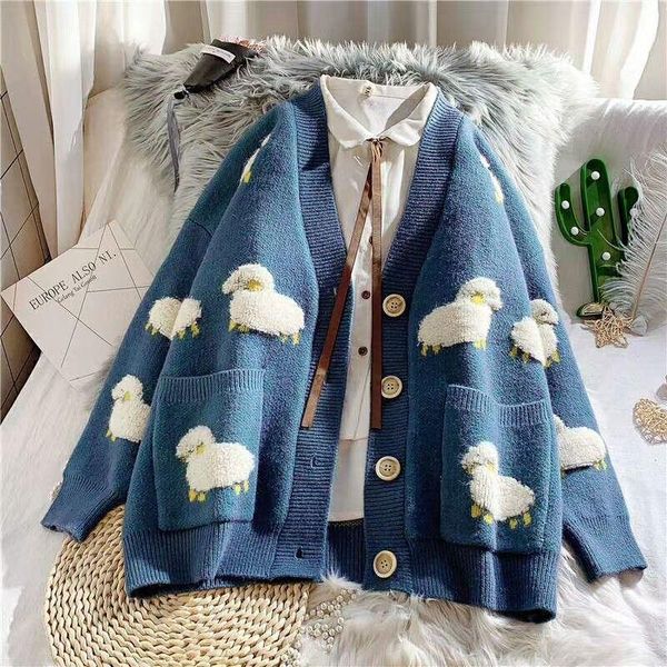 women's knits & tees 2021 autumn knitting female cardigan loose streetwear knit sweater cute cartoon print v neck knitted coat women ja, White
