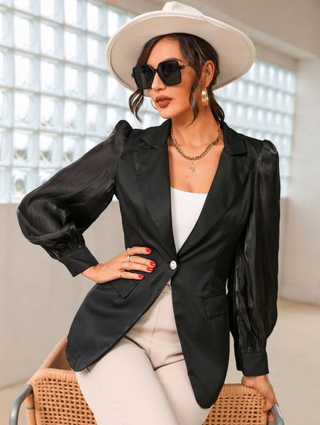 solid button front puff sleeve blazer n2uj#, White;black