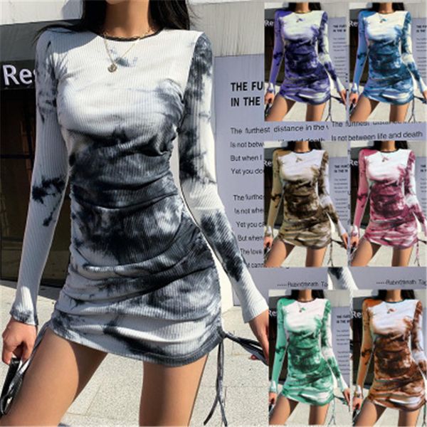 ladies tie-dye dress fashion trend shirring long sleeve round neck short skirt designer female autumn new all-match skinny casual dress, Black;gray 
ladies tie-dye dress fashion trend shirring long sleeve round neck short skirt designer female autumn new all-match skinny casual dress, Black;gray