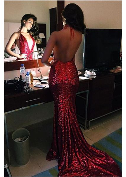 2020 mermaid deep v-neck dark red sequined prom dresses halter backless evening gowns ruched formal dress for teens, Black;red
2020 mermaid deep v-neck dark red sequined prom dresses halter backless evening gowns ruched formal dress for teens, Black;red