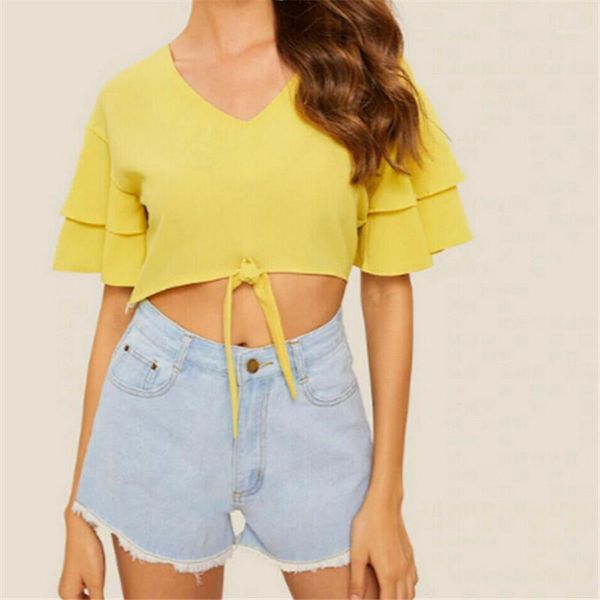 womens summer casual v neck multi-layers short sleeve strappy bow tie solid yellow chiffon blouse short crop shirts1, White
womens summer casual v neck multi-layers short sleeve strappy bow tie solid yellow chiffon blouse short crop shirts1, White