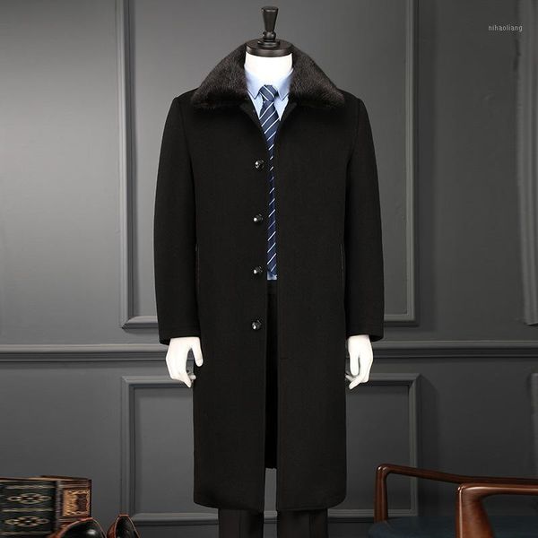 

men's trench coats 2021 minks collars windbreaker long middle-aged men in autumn winter coat business casual dad1, Tan;black