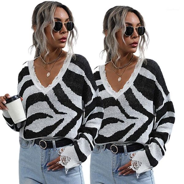 women long sleeve loose sweater deep v-neck zebra striped printed pullover crop vintage ripped trim knit jumper1, White;black
women long sleeve loose sweater deep v-neck zebra striped printed pullover crop vintage ripped trim knit jumper1, White;black