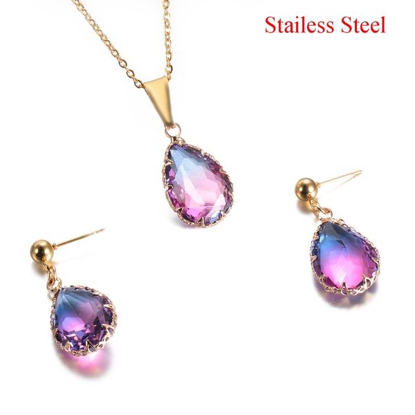 fashion stainless steel necklace earring set womens gold tone rainbow glass water drop pendant jewelry sets, Silver
fashion stainless steel necklace earring set womens gold tone rainbow glass water drop pendant jewelry sets, Silver