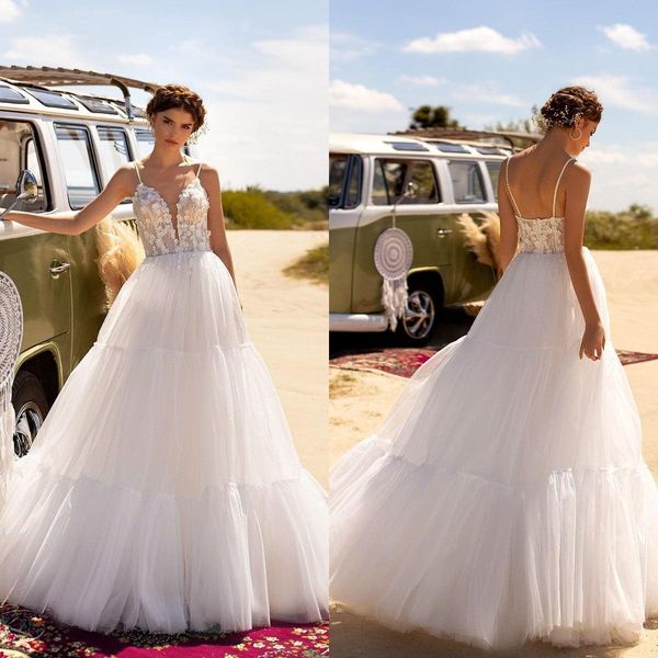 new designer a line wedding dresses spaghetti straps v neck lace beads beach bridal gowns open back sweep train bohemian wedding dress, White
new designer a line wedding dresses spaghetti straps v neck lace beads beach bridal gowns open back sweep train bohemian wedding dress, White