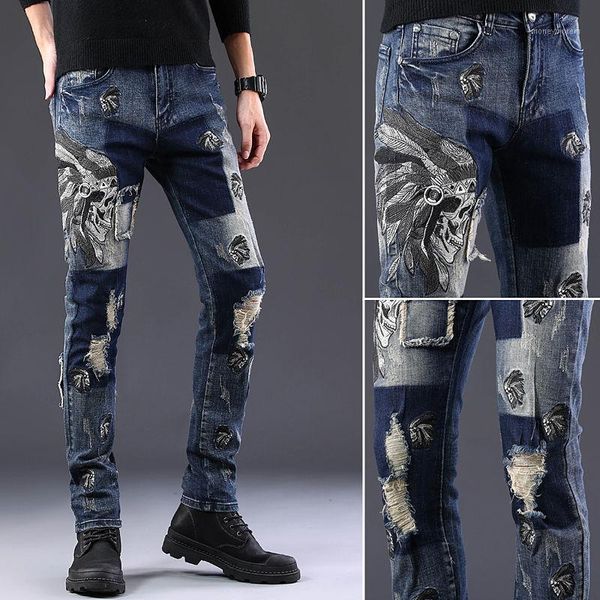 men's jeans skull embroidered color-matching men's hole in winter thick elastic stretch slim feet tide brand patch trousers ker1, Blue
men's jeans skull embroidered color-matching men's hole in winter thick elastic stretch slim feet tide brand patch trousers ker1, Blue