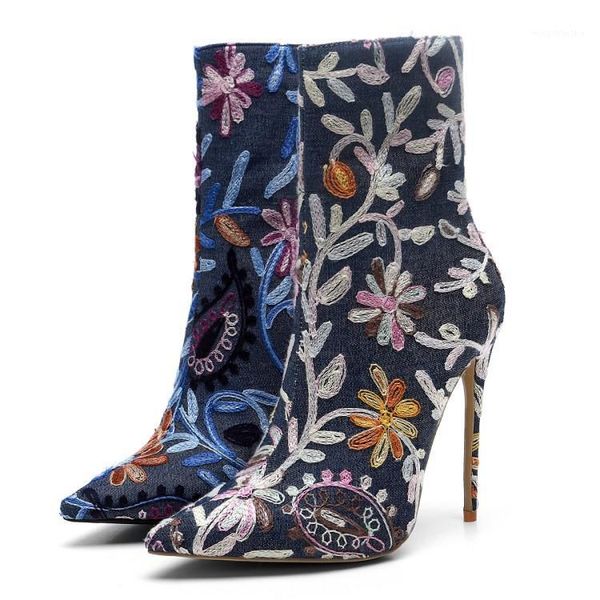 boots us4-11 womens pointed toe embroidered floral denim jeans ankle stilettos high heel shoes side zipper plus size c7581, Black
boots us4-11 womens pointed toe embroidered floral denim jeans ankle stilettos high heel shoes side zipper plus size c7581, Black