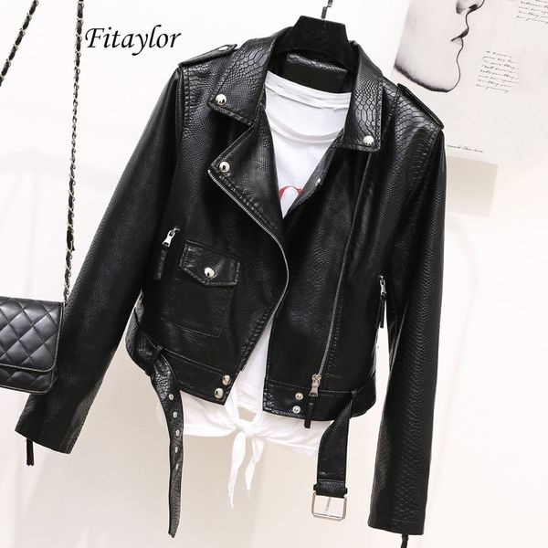 fitaylor autumn faux soft leather black punk jacket coats women pu faux serpentine moto zipper rivet short outwear with belt 201030
fitaylor autumn faux soft leather black punk jacket coats women pu faux serpentine moto zipper rivet short outwear with belt 201030