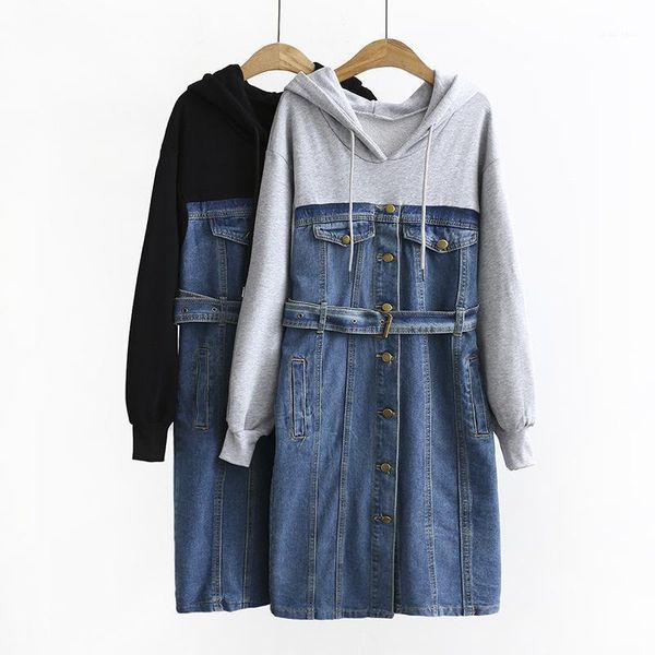 plus size women's new slim mid-length hooded fake two-piece denim stitching dress1, Black;gray
plus size women's new slim mid-length hooded fake two-piece denim stitching dress1, Black;gray