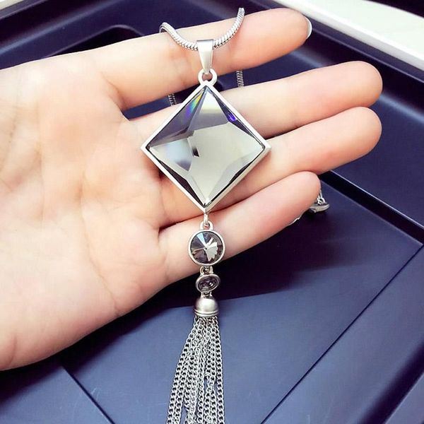 pendant necklaces fashion women necklace square big drop crystal long chain sweater tassel jewelry b88, Silver 
pendant necklaces fashion women necklace square big drop crystal long chain sweater tassel jewelry b88, Silver