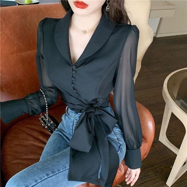 chiffon 2021 mode lace shirt feminine blouse summer new long up shirts solid znf4, White