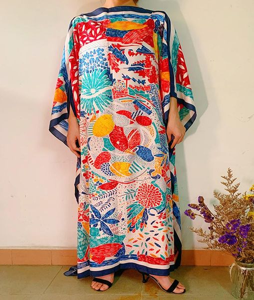 ethnic clothing 2021 summer holiday print floral beach long dress women loose silk kaftan maxi african dresses for, Red