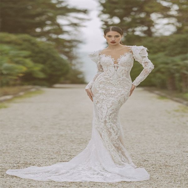 modern design mermaid wedding dresses long sleeves appliqued lace bridal gowns tulle appliqued custom made sweep train vestidos de novia, White
modern design mermaid wedding dresses long sleeves appliqued lace bridal gowns tulle appliqued custom made sweep train vestidos de novia, White