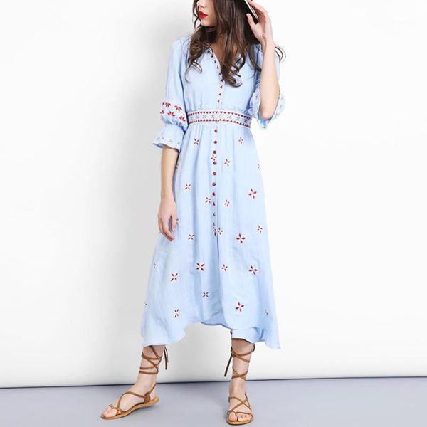 blue boho long dress 2020 vintage cotton floral embroidery v-neck red gem button casual dresses hippie women dress brand clothes1, Black;gray
blue boho long dress 2020 vintage cotton floral embroidery v-neck red gem button casual dresses hippie women dress brand clothes1, Black;gray