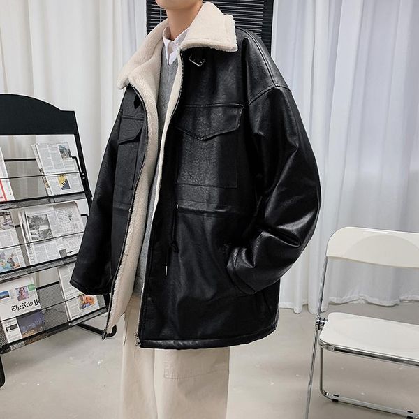 men's fur & faux leather coat loose warm wool lining thick outwear big pockets black j9
men's fur & faux leather coat loose warm wool lining thick outwear big pockets black j9
