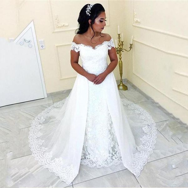 custom made arabic off shoulder lace appliques mermaid wedding dresses with detachable train short sleeves tulle wedding bridal gowns, White
custom made arabic off shoulder lace appliques mermaid wedding dresses with detachable train short sleeves tulle wedding bridal gowns, White