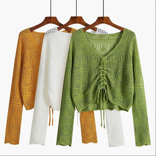 autumn bow drawstring knitted blouse sunscreen thin solid hollow out blouse long sleeve green top, White
autumn bow drawstring knitted blouse sunscreen thin solid hollow out blouse long sleeve green top, White