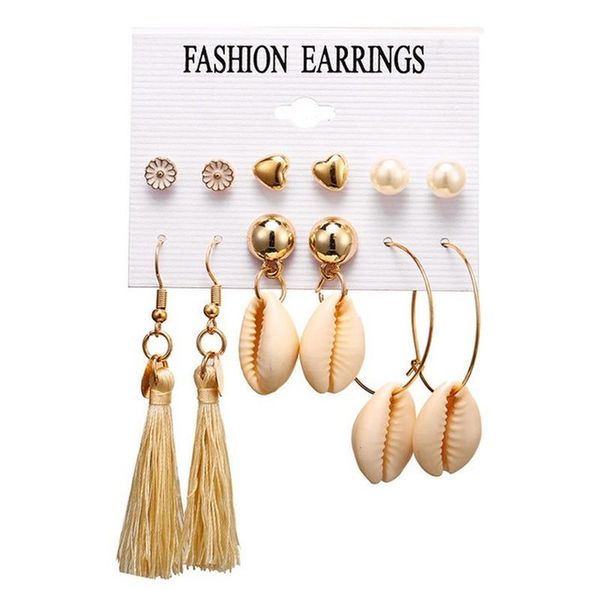 6pc/set fashion tassel creative earring set for women piercing jewelry retro flower love shell pendant earring bijouteria arete, Golden;silver
6pc/set fashion tassel creative earring set for women piercing jewelry retro flower love shell pendant earring bijouteria arete, Golden;silver