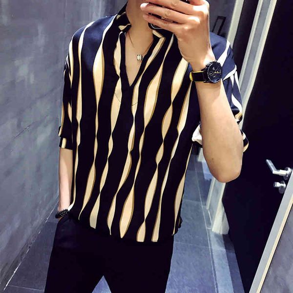 men's casual shirts style mens pullover summer striped social camisas para hombre v-neck stand collar loose shirt po1y, White;black
men's casual shirts style mens pullover summer striped social camisas para hombre v-neck stand collar loose shirt po1y, White;black